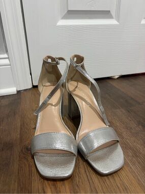 Silver Metallic Ankle-Strap Block Heel Sandals for Women